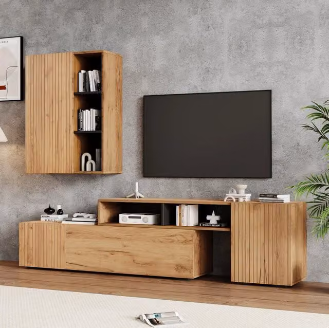 Set mobili soggiorno con mobile TV regolabile 174-265 cm in truciolato colore legno e nero, con vetrina e ripiani aperti