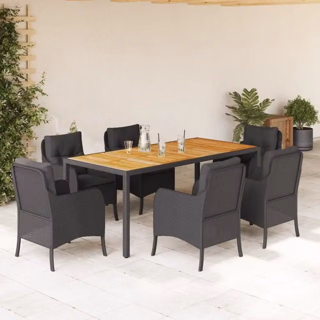 Set da pranzo da giardino vidaXL in polyrattan e legno di acacia nero con 7 pezzi – 1