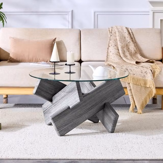 Tavolino rotondo in MDF e vetro multicolore opzionale: gambe di supporto creative a forma di croce con texture grigia, semplici ed eleganti. Piano in