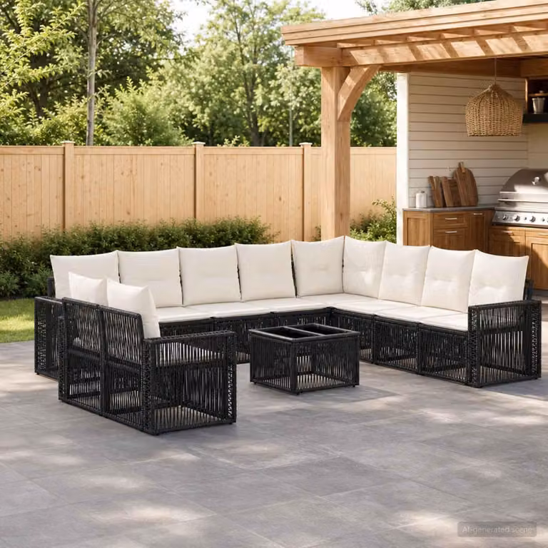 Maison Exclusive - Set da giardino composto da 11 pezzi. Divano da giardino in rattan sintetico, colore nero e crema