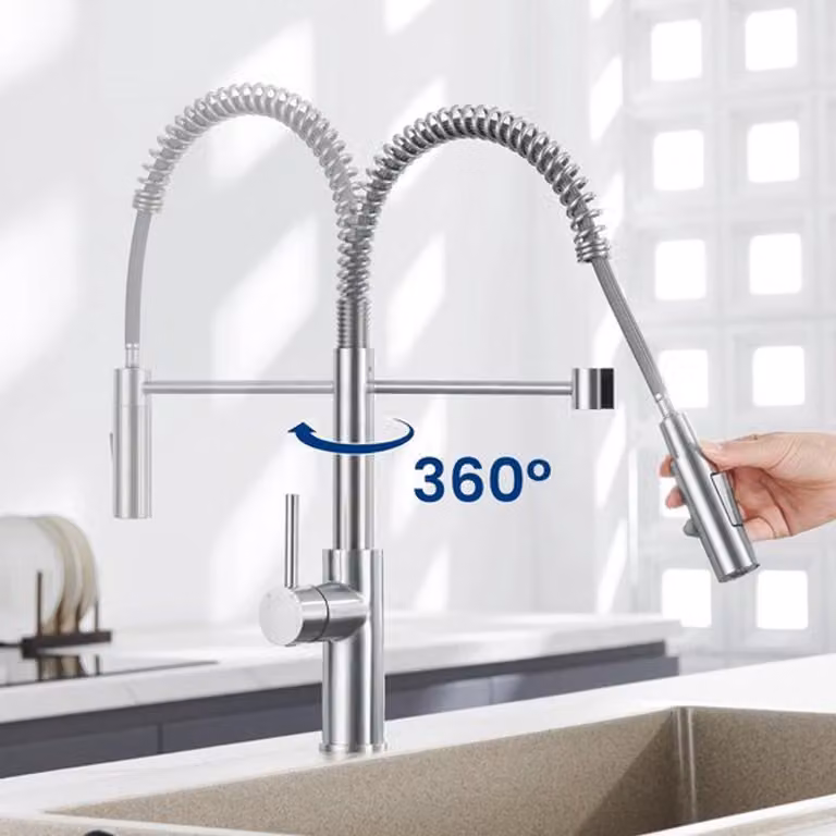 Miscelatore da cucina estraibile a 360°, con beccuccio estraibile e ugello a spruzzo, rubinetto ad alta pressione, con 2 tipi di getto d'acqua, adatto per fori da 33-38 mm