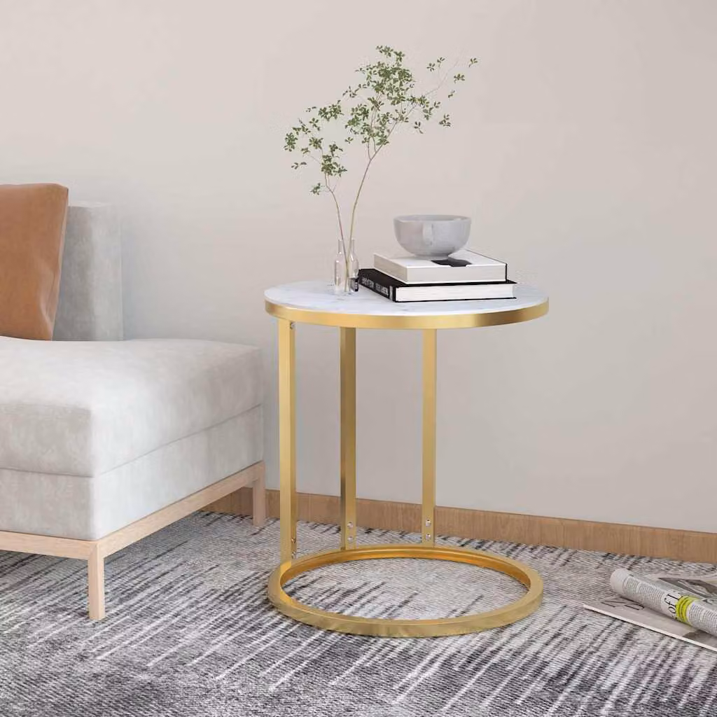 Tavolino rotondo vidaXL in vetro temperato e metallo, finitura oro e marmo bianco, Diametro: 45 cm