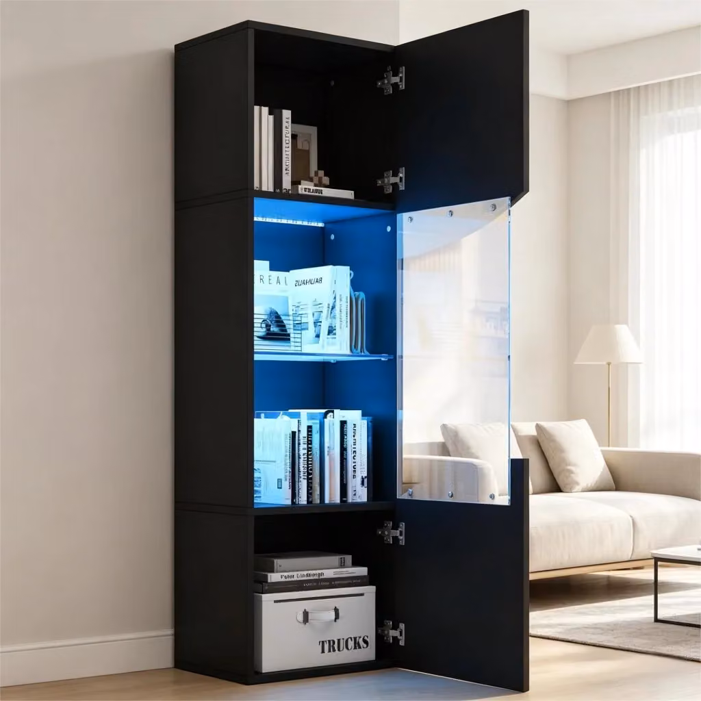 Vetrina alta OKWISH per soggiorno con ante in vetro, illuminazione LED integrata e 4 ripiani, design minimalista nero lucido, L: 35 cm, P: 32 cm, H: 165 cm – 2