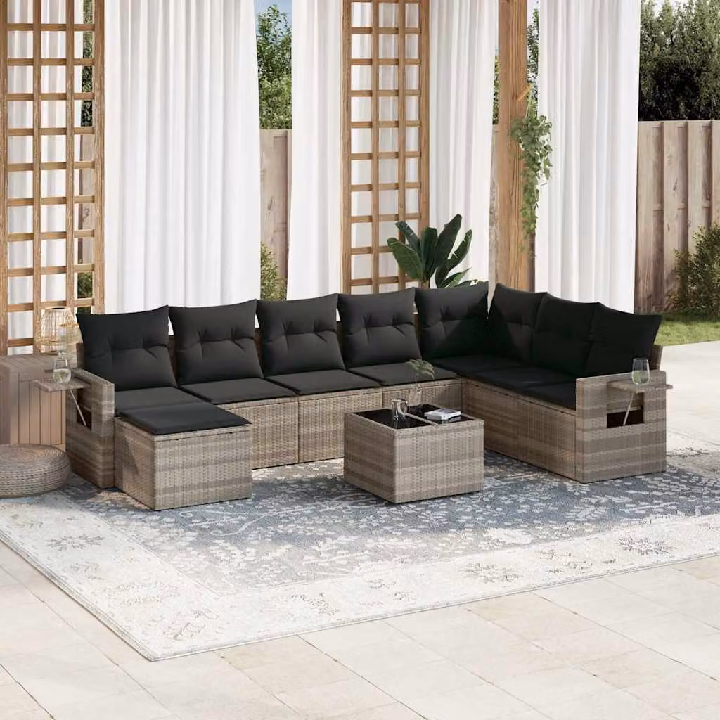 vidaXL Set Divano da Giardino 9pz in Polyrattan Grigio con Cuscini e Tavolino