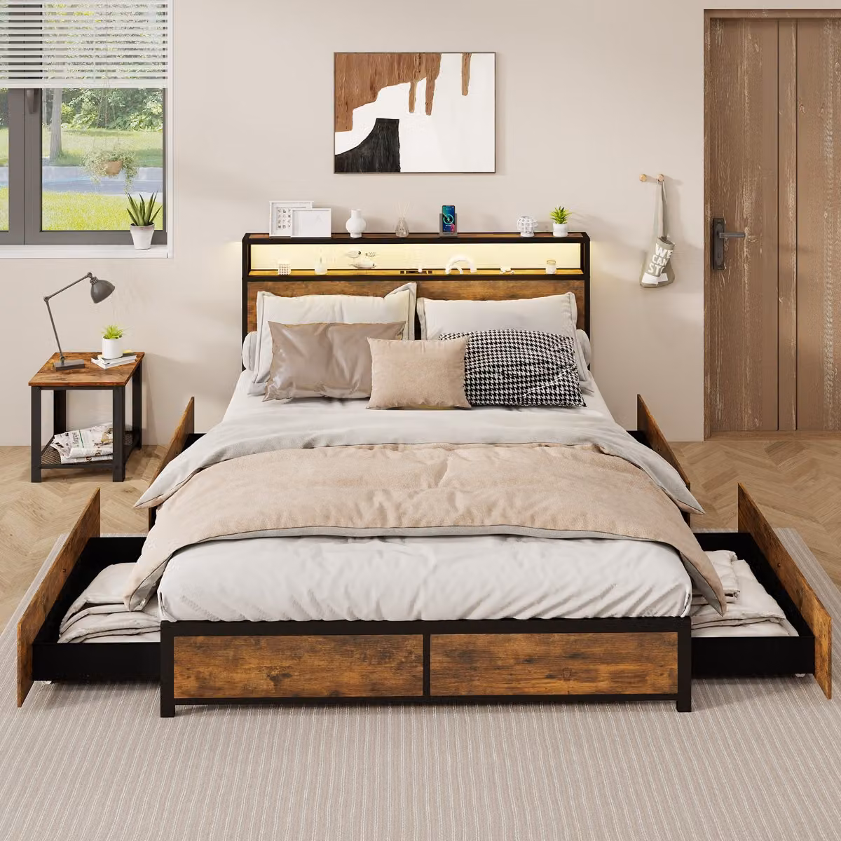 Set letto piattaforma King Size Costway con luci sottostante e 2 comodini moderni in legno marrone, dimensioni 180x200 cm