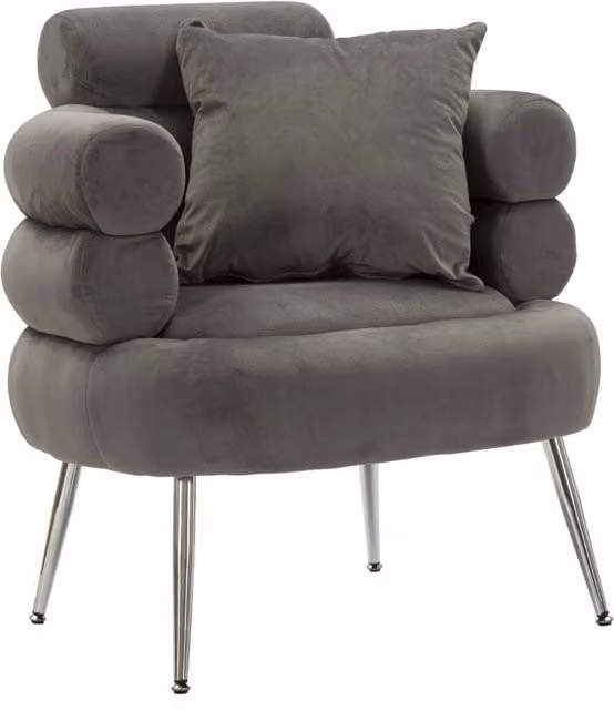 Poltrona Silvery Plus in velluto grigio argento con cuscino, modello tub, L: 78 cm, P: 68 cm, H: 85 cm