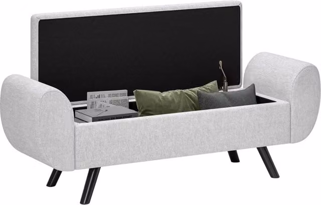 Panca Contenitore con Braccioli Xylo in Tessuto Grigio e Gambe in Legno, L: 132 cm, P: 42 cm, H: 50 cm – 1