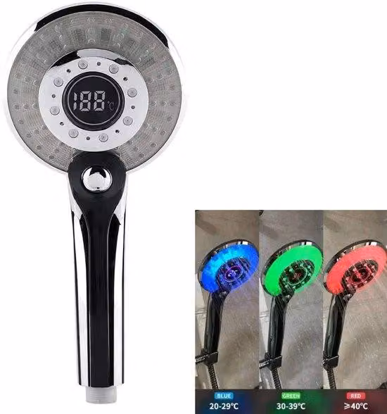 Doccia a LED con sensore di temperatura - 3 modalità di spruzzo - Risparmio idrico - Design ergonomico - Compatta e leggera - Resistente alla corrosione - Doccetta manuale