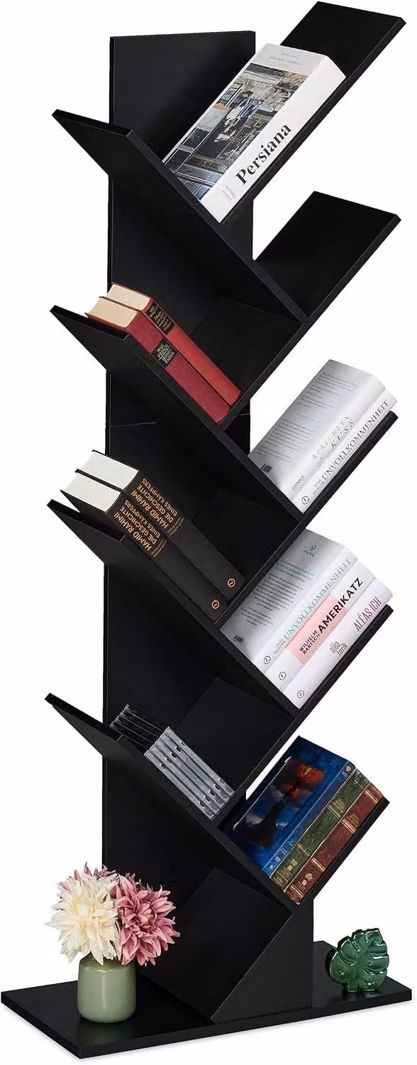 Libreria - 8 scomparti - 138 x 51 x 25 cm - Legno - Per CD - Per DVD - Libreria stretta - Soggiorno - Mobiletto a scomparti - Nero