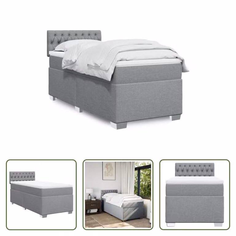 The Living Store Letto a molle con materasso grigio chiaro 90x190 cm in tessuto