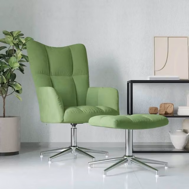 Poltrona Relax con Poggiapiedi Verde Chiaro in Velluto e Struttura in Metallo 670061 – 1
