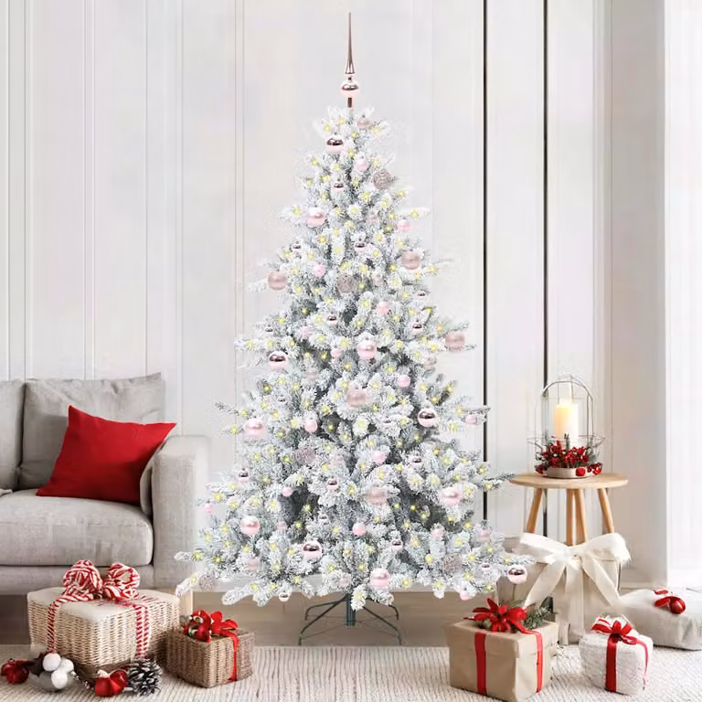 Albero di Natale Artificiale Moderno vidaXL Bianco con Luci LED Warm White e Rami Pieghevoli in PVC e Metallo