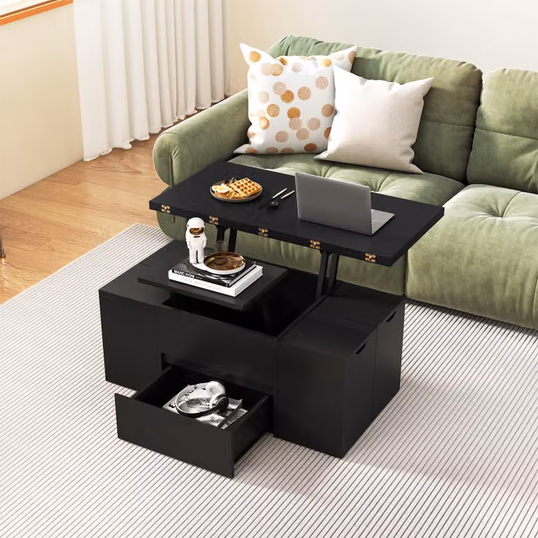 Tavolino da caffè Costway 3-in-1 con piano sollevabile, 4 sgabelli e contenitori integrati, design moderno rettangolare, Nero