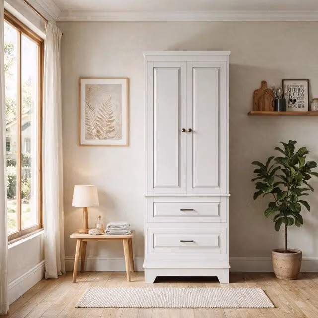 Mobiletto cucina 60x40x160 cm con 2 cassetti 2 ante ripiano regolabile in legno ingegnerizzato - bianco