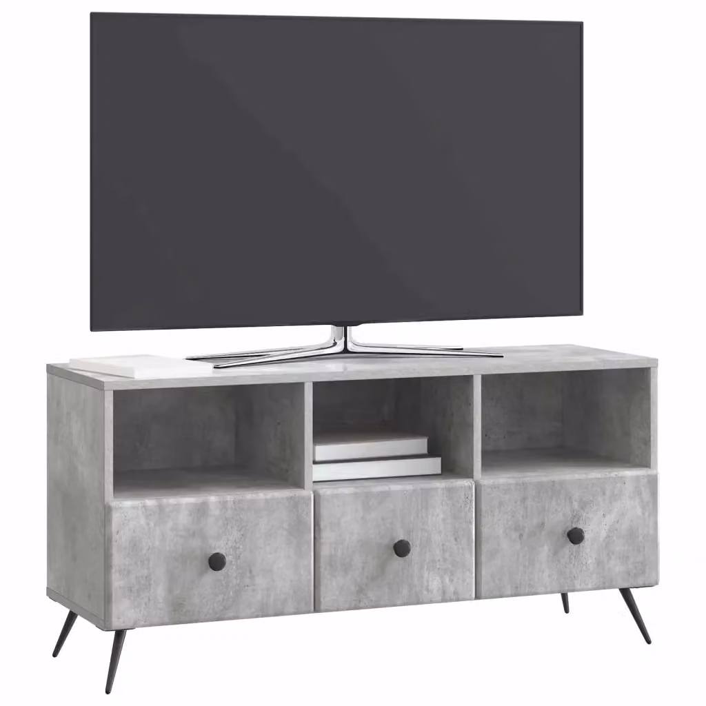 Mobile TV moderno con cassetto e scomparti media, finitura grigio cemento opaco, L: 102 cm, P: 34,5 cm, H: 50 cm – 2