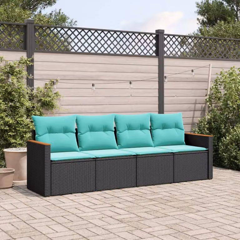 Set di divani da giardino vidaXL 4 pezzi con cuscini in polyrattan e struttura in acciaio nero e blu