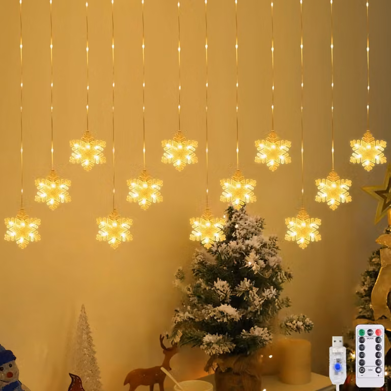 Tenda luminosa a LED, 3 metri, 204 LED, motivo fiocchi di neve, 8 effetti