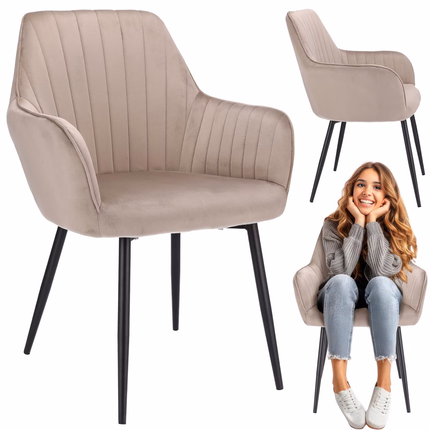 JUMI, poltrona in velluto, imbottita, per soggiorno o sala da pranzo, stile CORA, color beige