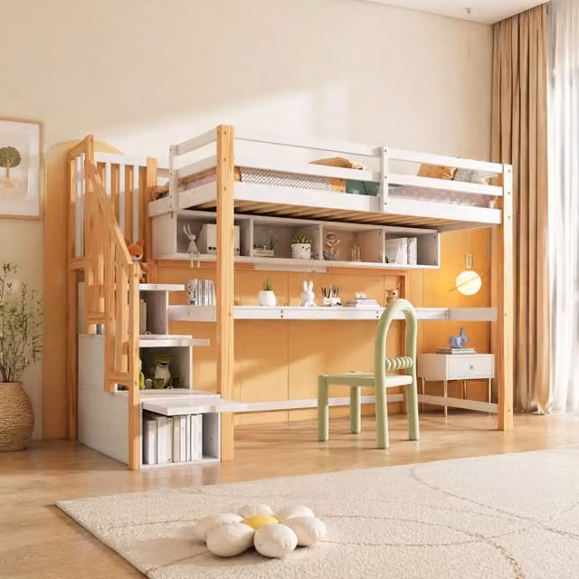 Letto a soppalco per bambini 90x200 cm con scrivania, ripiani e scala bianco e rovere
