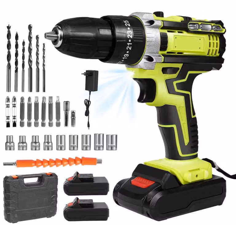 Trapano avvitatore a batteria - 21V - con percussione - avvitatore a batteria - 2 batterie - senza fili - portatile - colore verde