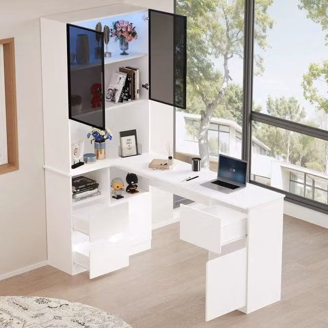 Scrivania angolare con libreria e vetrina LED a 7 colori in MDF bianco 3 cassetti 2 ante 120 × 80 × 180 cm