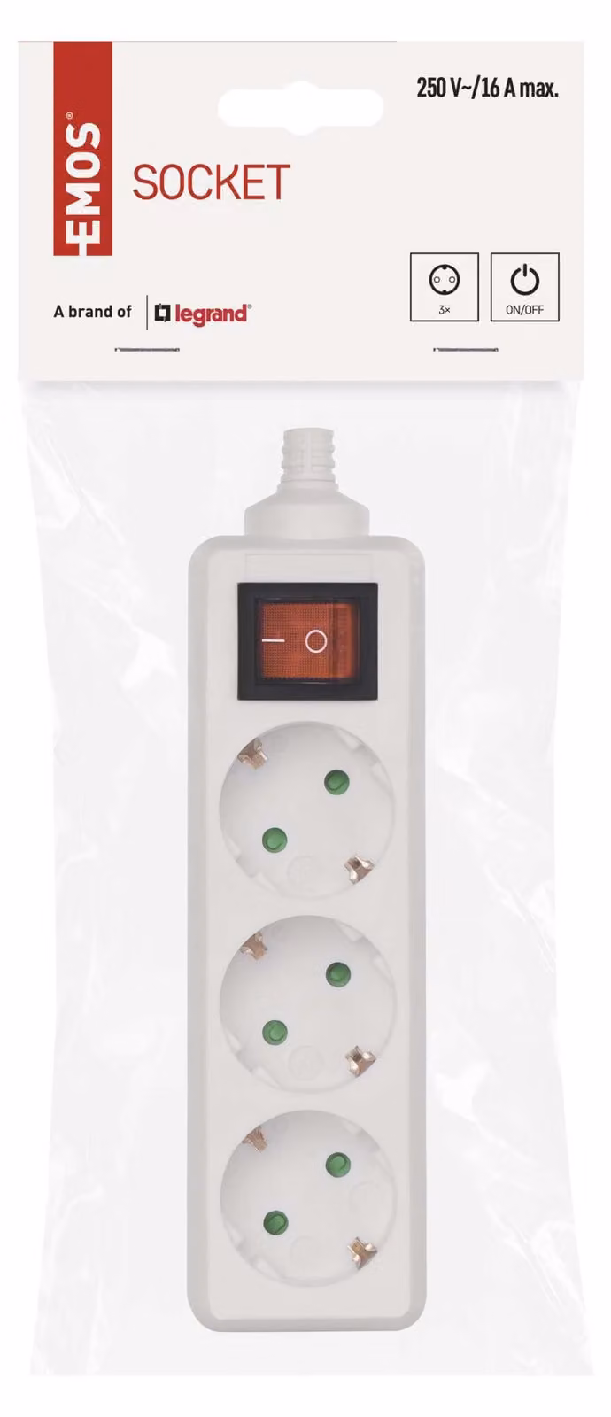 EMOS Presa di corrente a 3 vie Schuko SENZA CAVO, con interruttore, presa di corrente di ricambio per interni, P1320