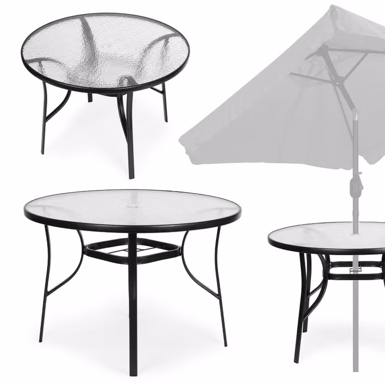 MultiGarden SC-080: Tavolo da giardino rotondo, con piano in vetro temperato, foro per ombrellone, diametro 105 cm