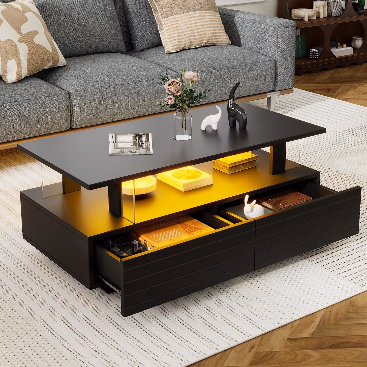 Tavolino Merax LED 100x50cm con app e telecomando, tavolino da divano con 2 cassetti e vano portaoggetti, vetro acrilico, illuminazione RGB, nero lucido