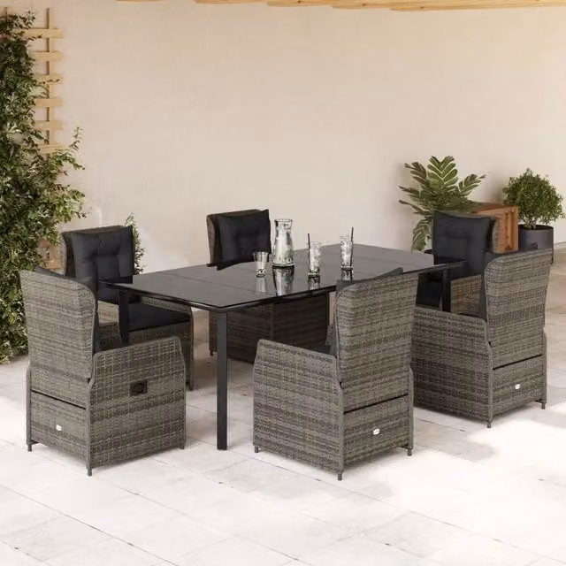 Set da pranzo da giardino vidaXL in polyrattan grigio e nero con tavolo in vetro e 7 pezzi – 1