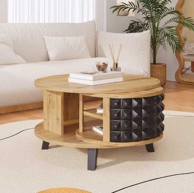 Tavolino da salotto moderno MODFU con piano girevole e vano contenitore, finitura legno naturale e nero