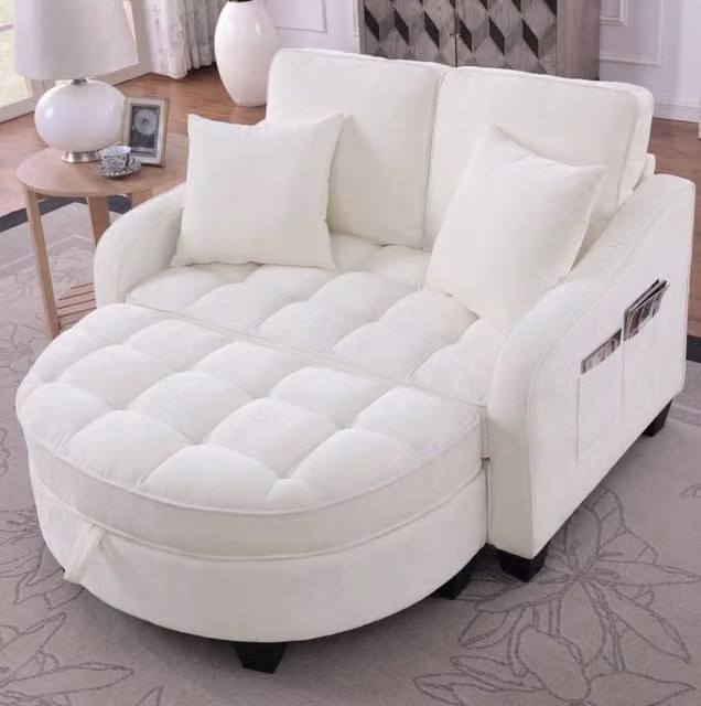 Divano letto multifunzione 2 in 1 con pouf contenitore 132x129x93 cm in legno di eucalipto beige