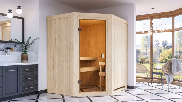 Sauna Woodfeeling Faurin (ingresso ad angolo), porta tutto vetro, bronzata, riscaldatore 9 kWcontrollo esterno facile