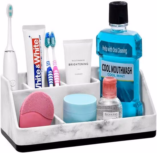 Portaspazzolini a 5 scomparti, resina, vassoio con foro di drenaggio, bianco, organizer da bagno