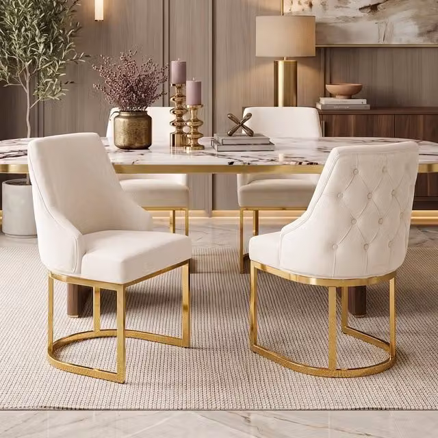 Set 4 Sedie da Pranzo ¨C Minimal ¨C Beige, rivestimento in velluto, gambe metallo oro, stile moderno