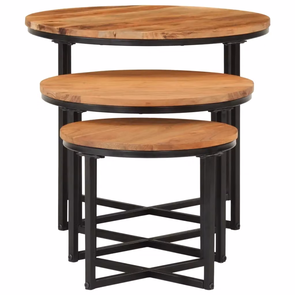 Set di 3 tavolini a incastro vidaXL in legno di acacia e metallo, colore marrone e nero – 2