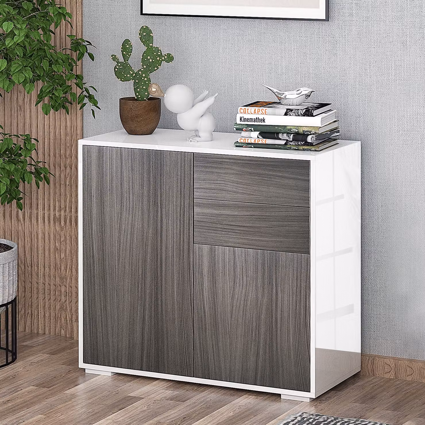 Credenza Multiuso Moderna HOMCOM con 2 Cassetti e 2 Armadietti con Apertura a Pressione, Ideale per Soggiorno, Cucina o Ufficio, Disponibile in Bianco o Grigio – 2
