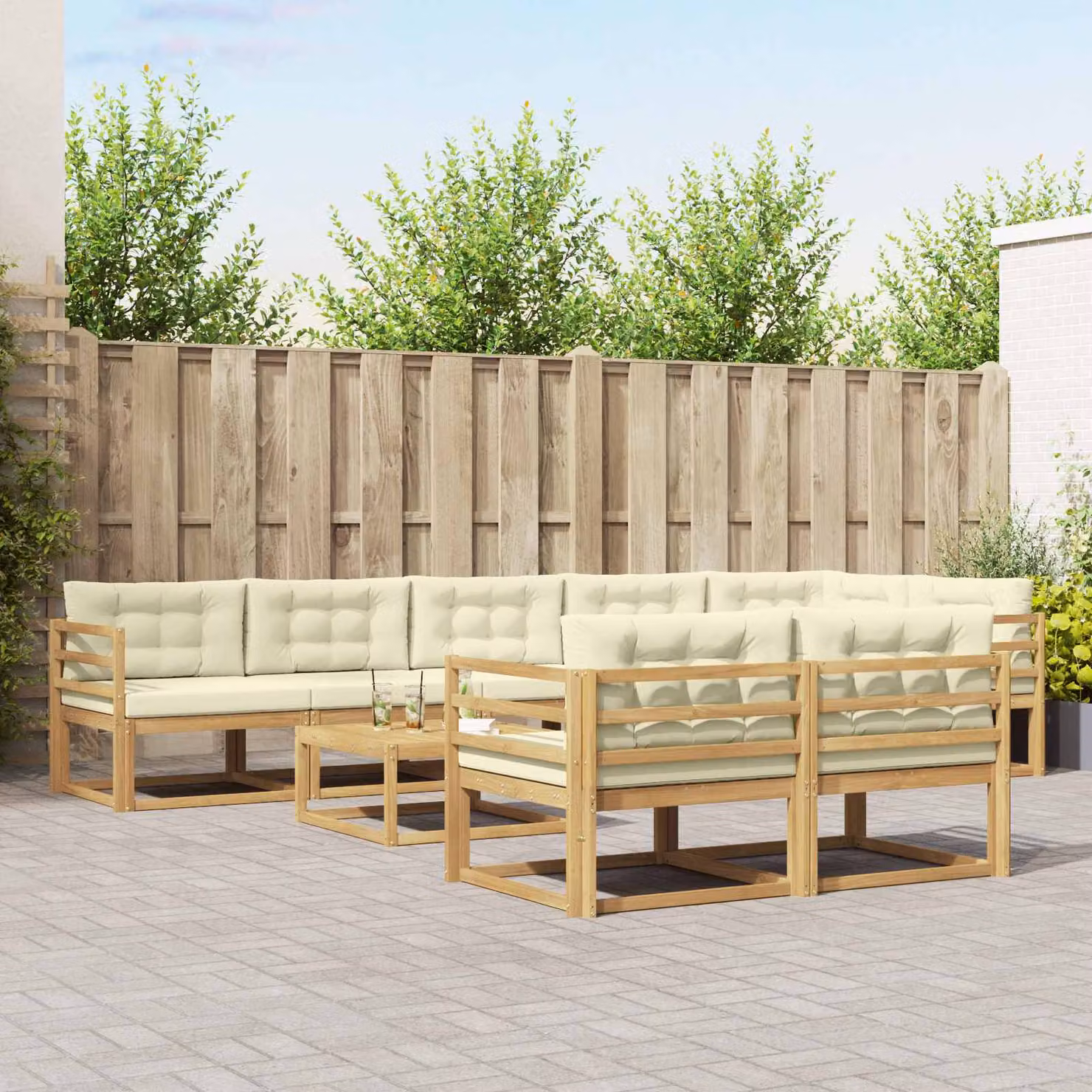vidaXL Set di divani da esterno a forma di U composto da 9 pezzi in legno di acacia con cuscini, colori bianco, beige e marrone