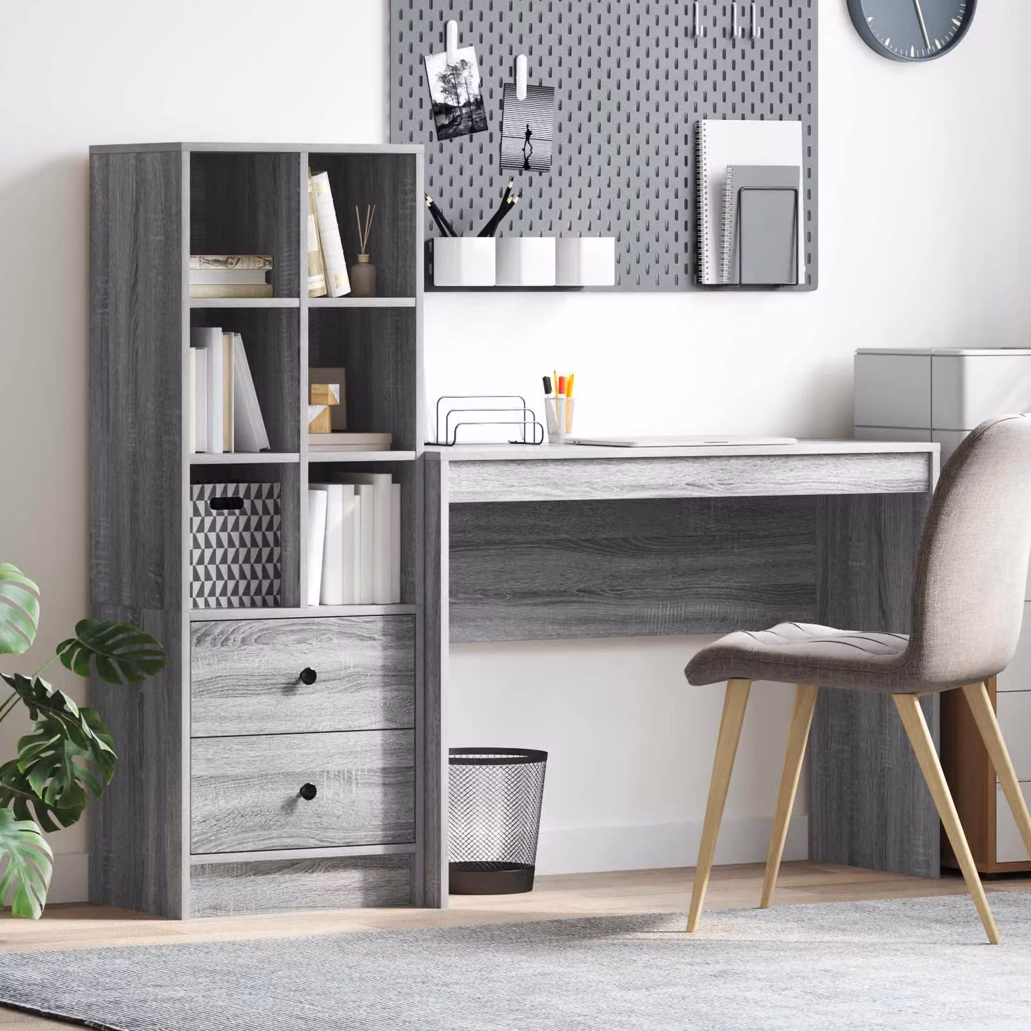 Set di 2 Scrivanie moderne vidaXL con scaffale in MDF laminato, Grigio Sonoma, L: 145,5 cm, P: 40 cm, H: 127 cm