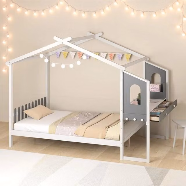 Letto Piattaforma in Legno di Pino Costway con Scrivania, Cassetti e Testiera a Staccionata per Cameretta Bambini, L/P: 200 x 140 cm