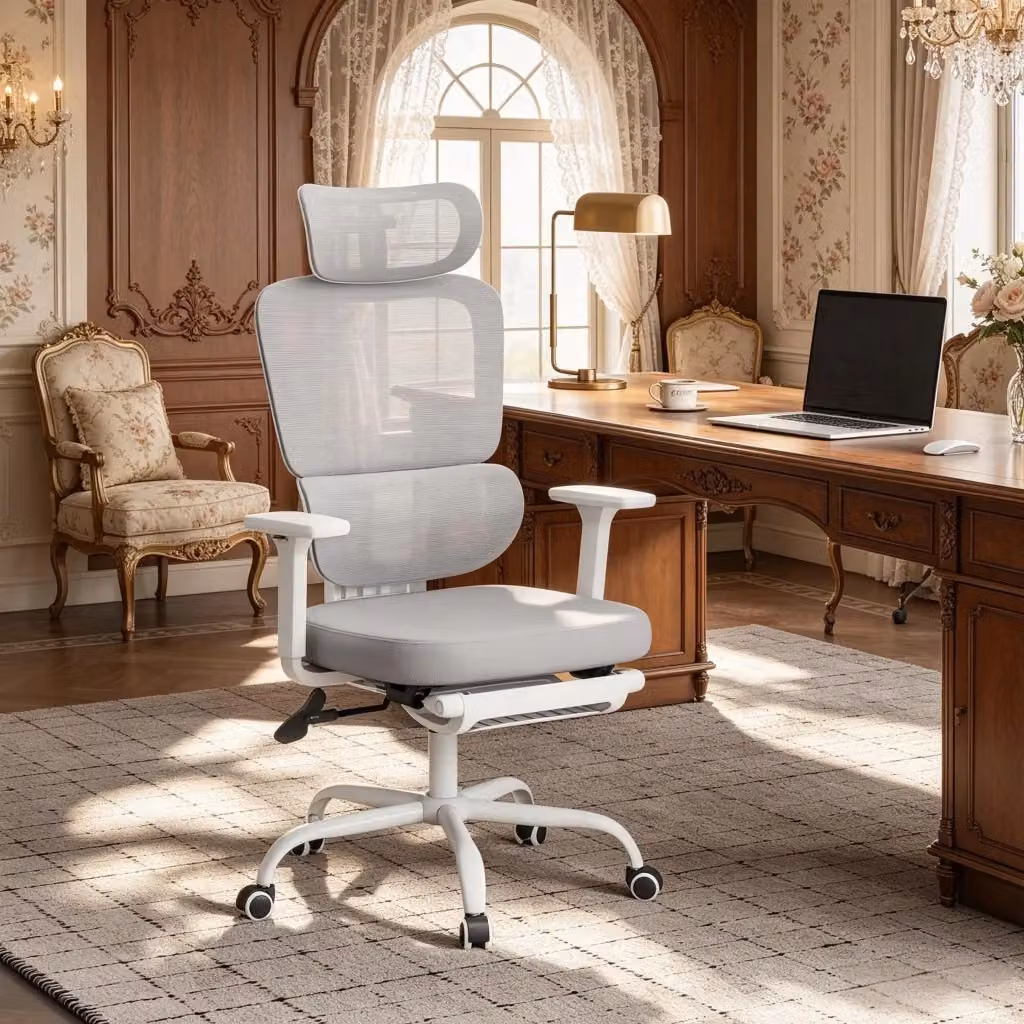 Sedia da Ufficio Ergonomica WISHDOR Girevole a 360 Gradi in Tessuto Grigia e Bianca con Poggiatesta e Braccioli – 2