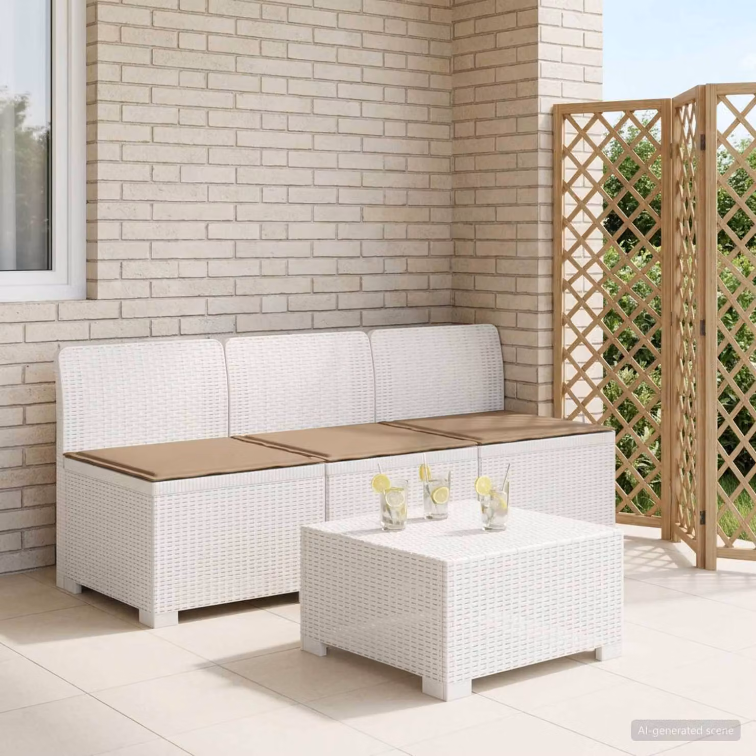 Divano da giardino a 3 posti vidaXL con cuscini beige e bianco in look rattan resistente ai raggi UV