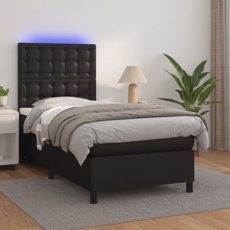 vidaXL Giroletto a Molle con Materasso e LED Nero in Similpelle, L/P: 90 x 200 cm