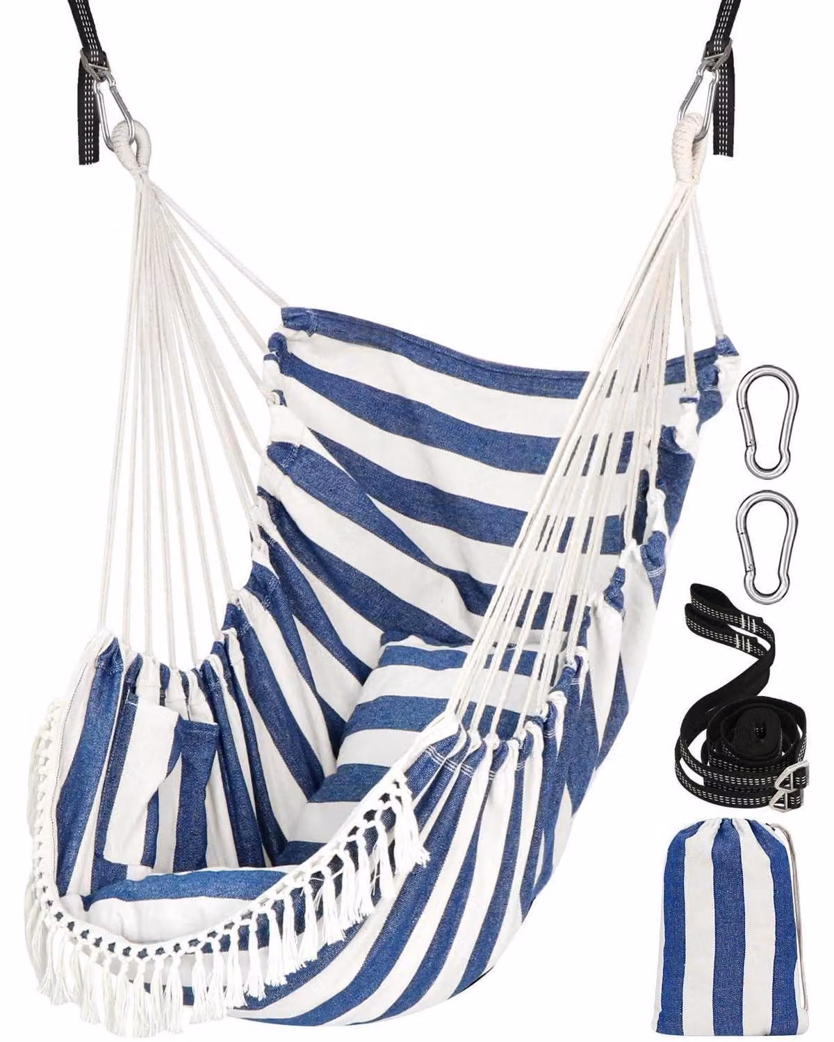 Sedia a dondolo con 2 cuscini, tessuto di cotone, tasca laterale, frange, blu e bianco
