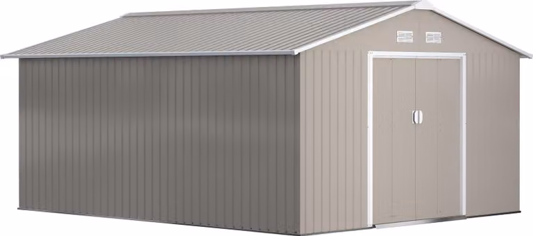 Capanno da giardino Moonbite, 12,4 m², con tetto a falda, realizzato in acciaio zincato, dotato di porte scorrevoli e base, resistente alle intemperie. Dimensioni: 340 x 386 x 200 cm. Colore: grigio chiaro