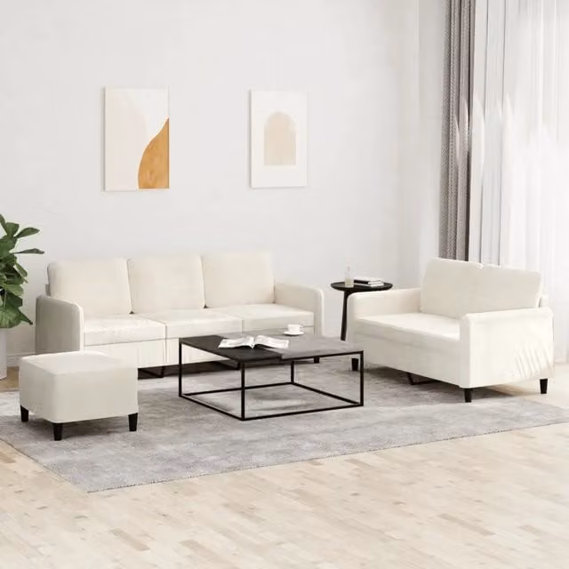 Set di divani moderno vidaXL in velluto beige e bianco composto da divano a 3 posti, divano a 2 posti e pouf con cuscini inclusi