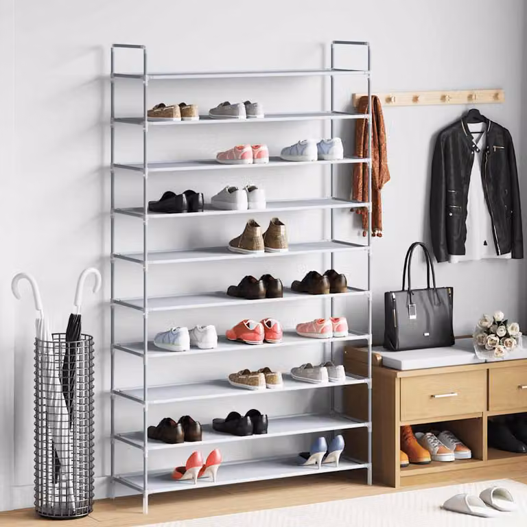Scarpiera vidaXL con 10 ripiani in metallo e tessuto non tessuto, colore argento, H: 170 cm, L: 29,5 cm, P: 29,5 cm