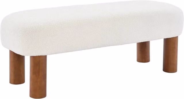 Panca Sweeek in legno di gomma e tessuto bouclé bianco