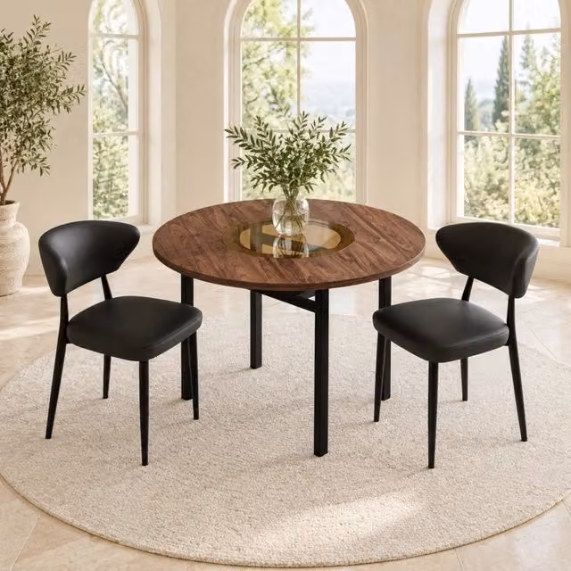 Set da pranzo moderno con tavolo rotondo 100 cm effetto legno e 2 sedie nere in PU ergonomiche