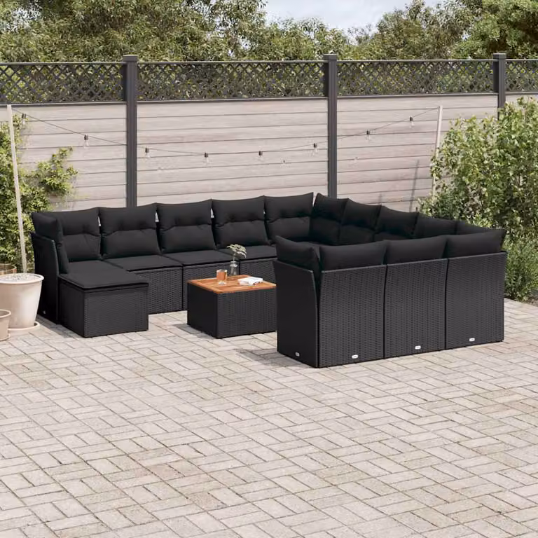 Set di Divani da Giardino vidaXL a Forma di U con Cuscini e Tavolino, Nero, in Polyrattan e Acciaio