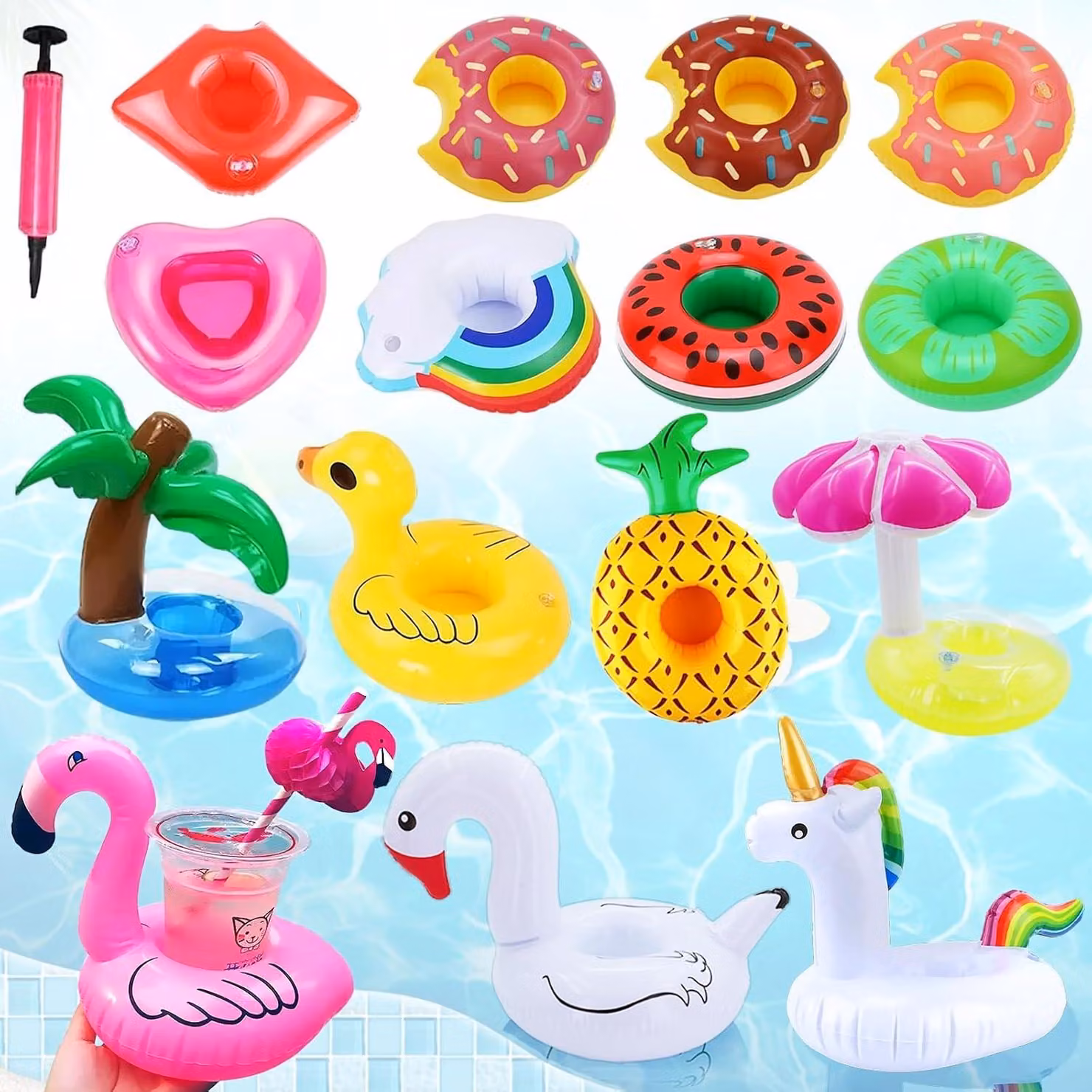 Portabicchieri gonfiabili per piscina, confezione da 15 pezzi, con pompa ad aria, disponibili in diversi modelli, ideali per feste in piscina